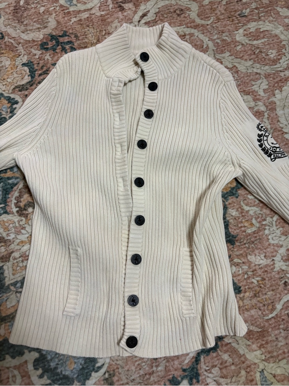 Ralph Lauren Cream Ribbed Button-Front Cardigan with Crest